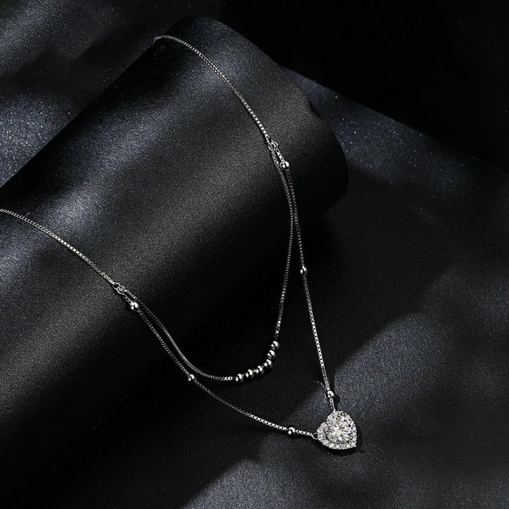 Brillique 14K Gold Heart Cut Diamond Necklace for Women, 1ct VVS1 Heart-shaped Pendant, Exquisite Symbol of Love, Birthday Gift for Wife (Heart-double chain)