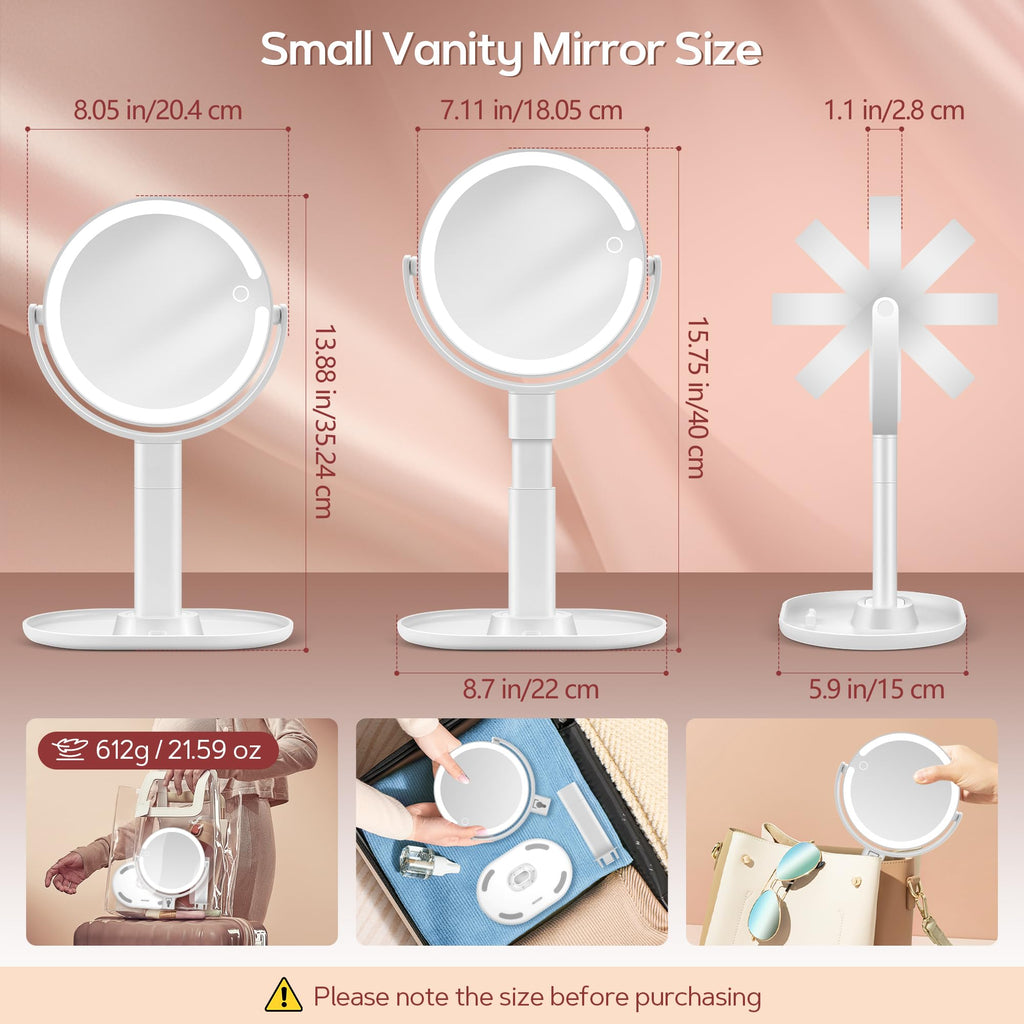 B Beauty Planet Vanity Mirror with Lights, 30X Magnifying Makeup Mirror with 3 Lighting and Adjustable Brightness, Rechargeable 2-Sided Height Adjustable Desk Mirror for Bathroom, Gift for Women White