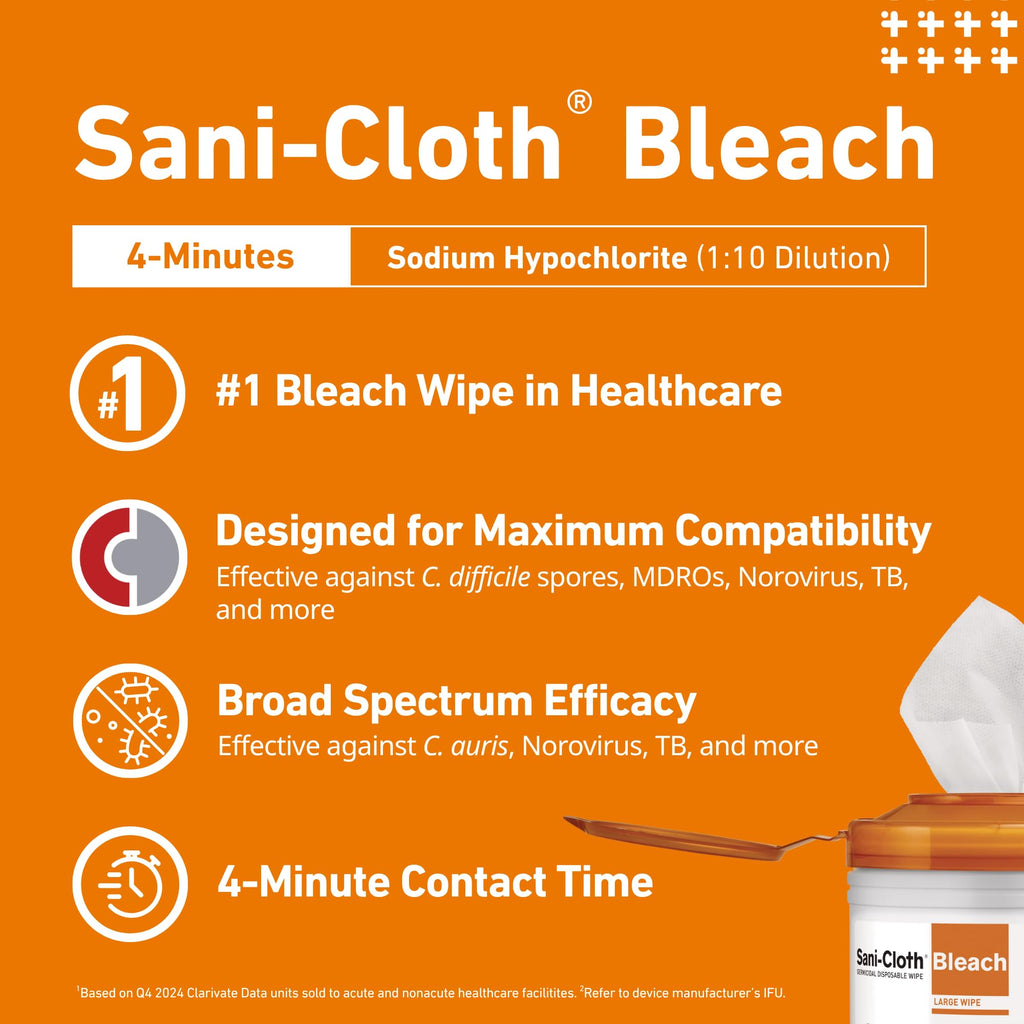 PDI Sani-Cloth Bleach Disinfecting and Cleaning, 160 Count Canister, Medium 6" x 5" Wipes, Hospital-Grade Bleach for Healthcare, Vet, and C. Diff Households