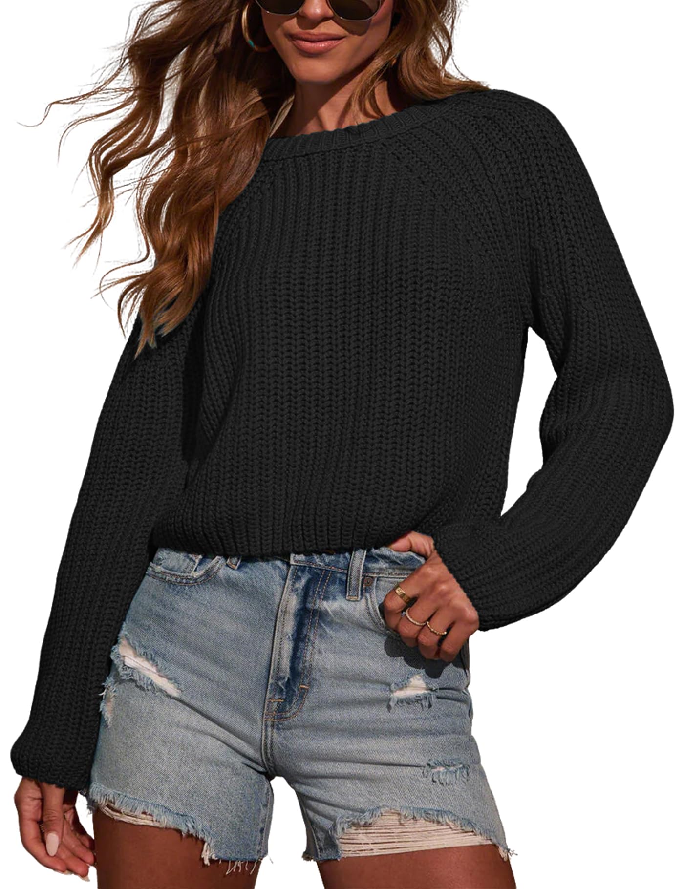 PRETTODAY Women's Crew Neck Knit Pullover Sweaters Raglan Long Sleeve Ribbed Knit Casual Cropped Tops Black