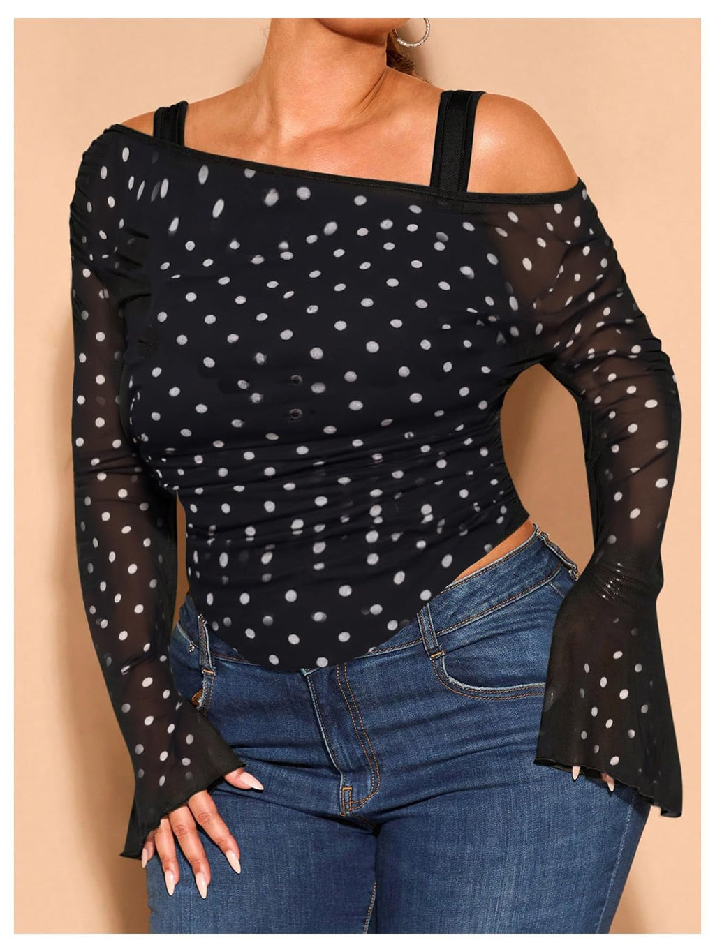 WDIRARA Women's Plus Size 2 in 1 Off Shoulder T Shirt Ruched Sheer Bell Long Sleeve Tee Black and White XX-Large Plus