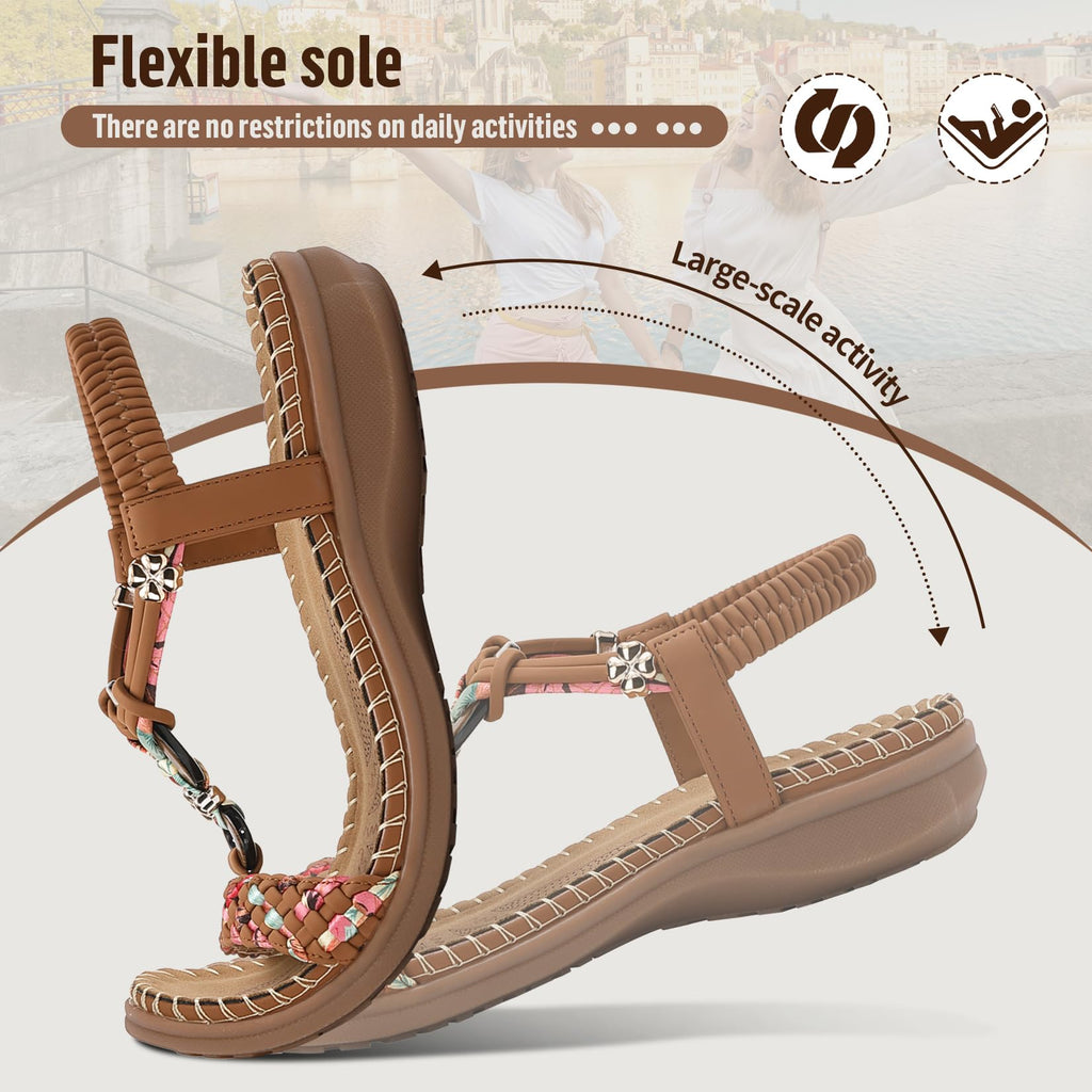 Littleplum Women Sandals Arch Support Handmade Bohemian Braided Flat Sandals Comfort Walking Beach Ankle Elastic Summer Shoes Multi Brown Size 7