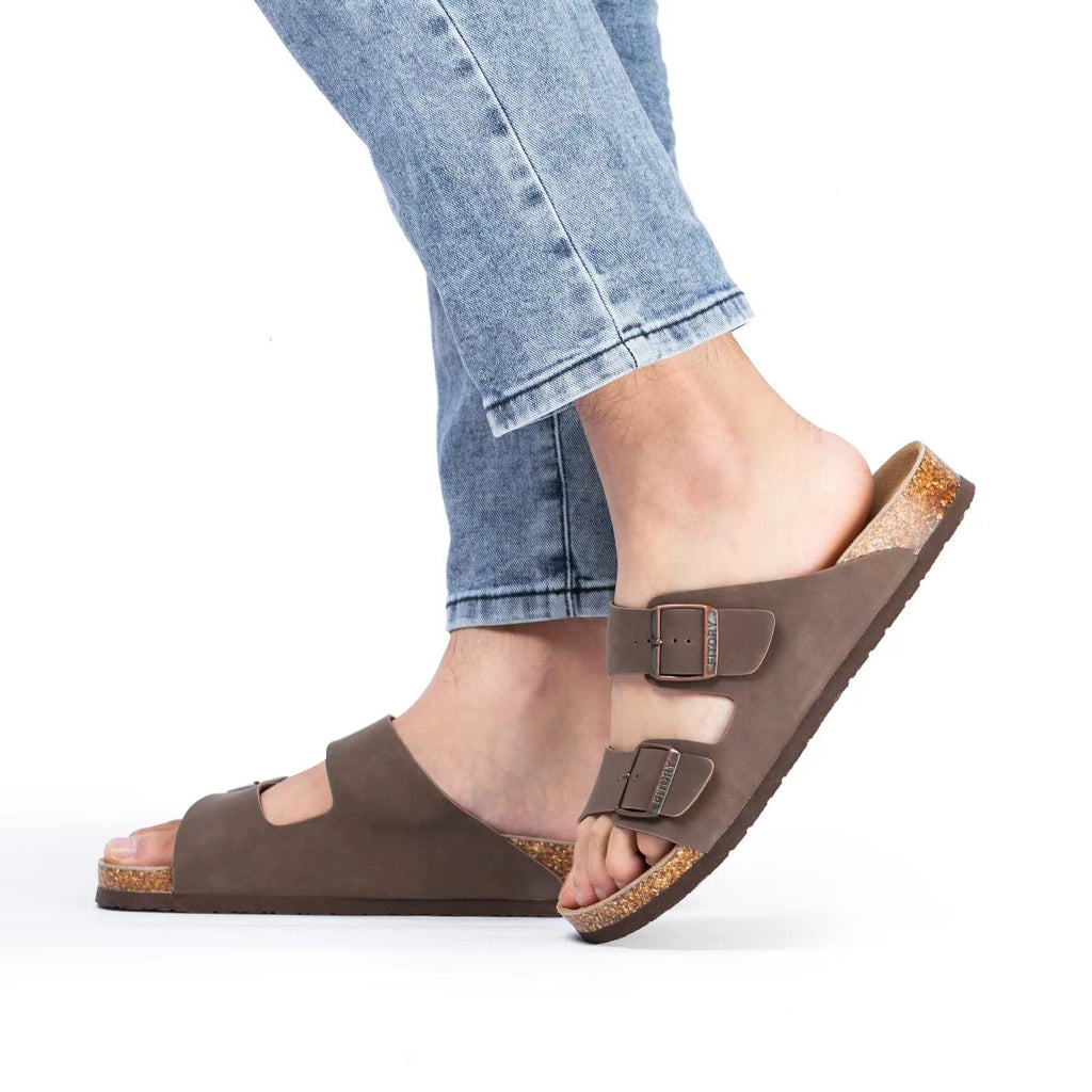 FITORY Mens Leather Insole Sandals with Two Buckles,Open Toe Slides for Indoor and Outdoor Brown Size 10-10.5
