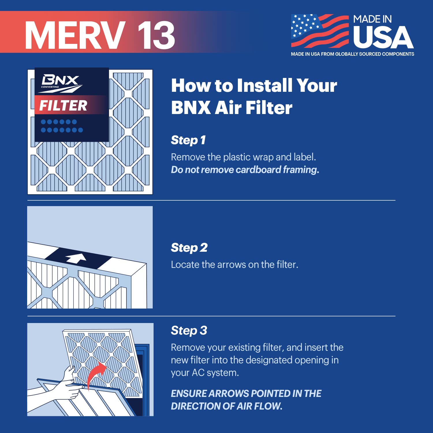 BNX TruFilter 20x20x1 Air Filter MERV 13 (6-Pack) - MADE IN USA - Electrostatic Pleated Air Conditioner HVAC AC Furnace Filters for Allergies, Pollen, Mold, Bacteria, Smoke, Allergen, MPR 1900 FPR 10