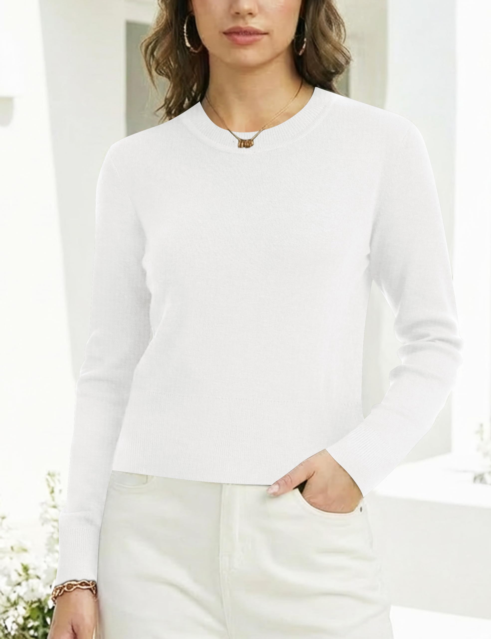 LaGracia Long Sleeve Sweaters for Women Wool Blend Crew Neck Pullover Knit Crop Tops Spring Trendy Outfits 2026 White S