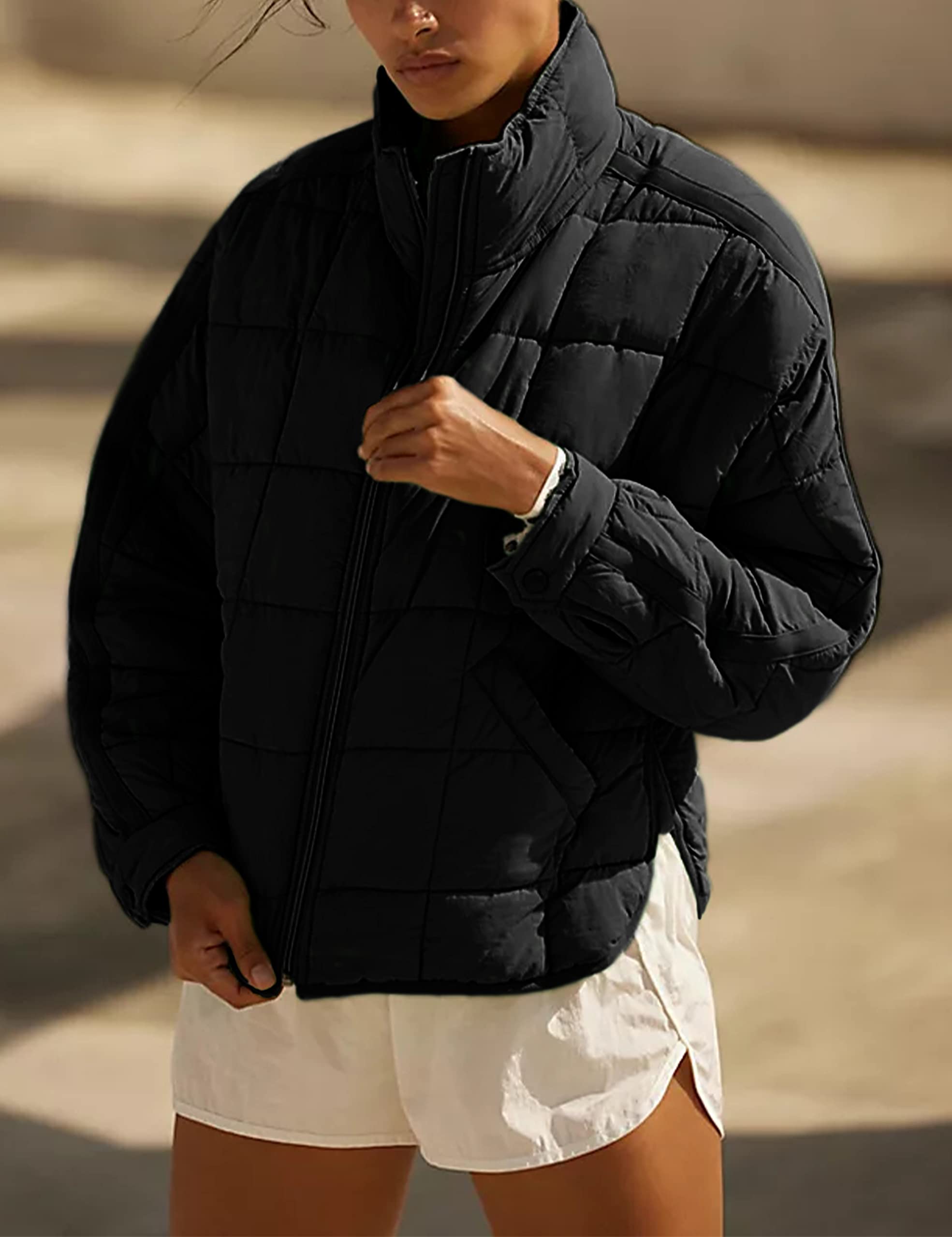 Bianstore Women's Oversized Splice Quilted Lightweight Puffer Jacket Casual Padded Coat(Black-Medium)
