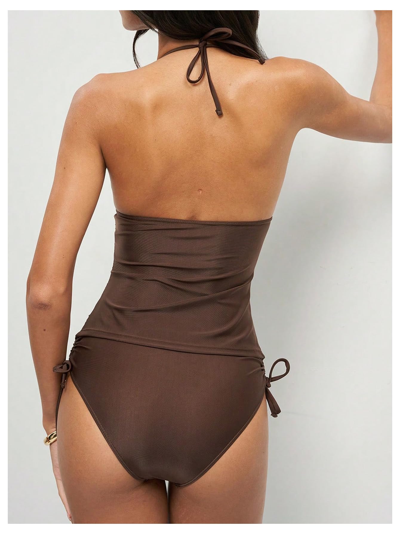 WDIRARA Women's Halter Tankini Swimsuit Ruched Tie Side Swimsuit 2 Piece Bathing Suit Brown Large