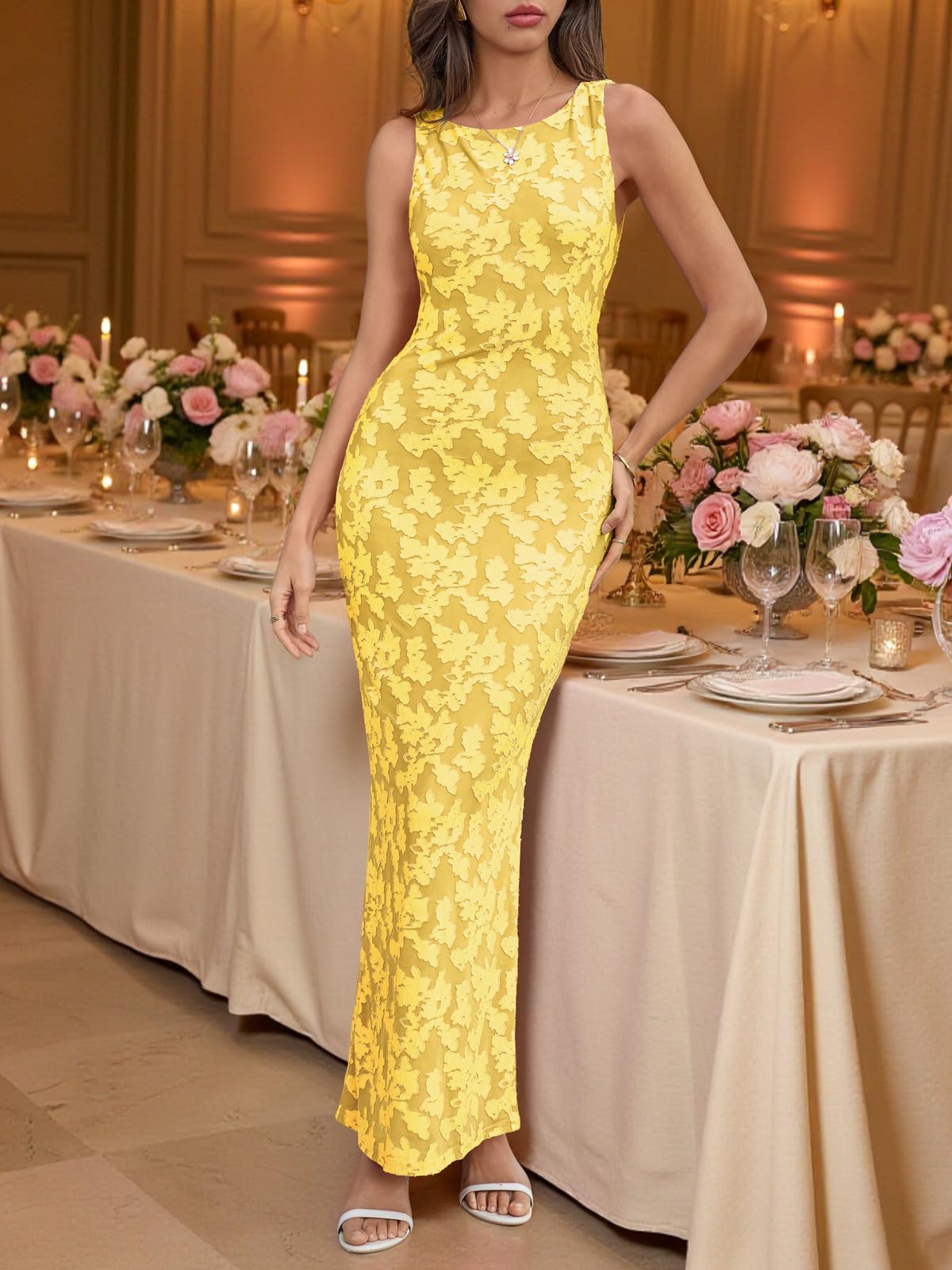 Wenrine Womens Summer Floral Maxi Dress Mesh Sleeveless Tank Dresses Slit Bodycon Party Cocktail Wedding Guest Dress Yellow