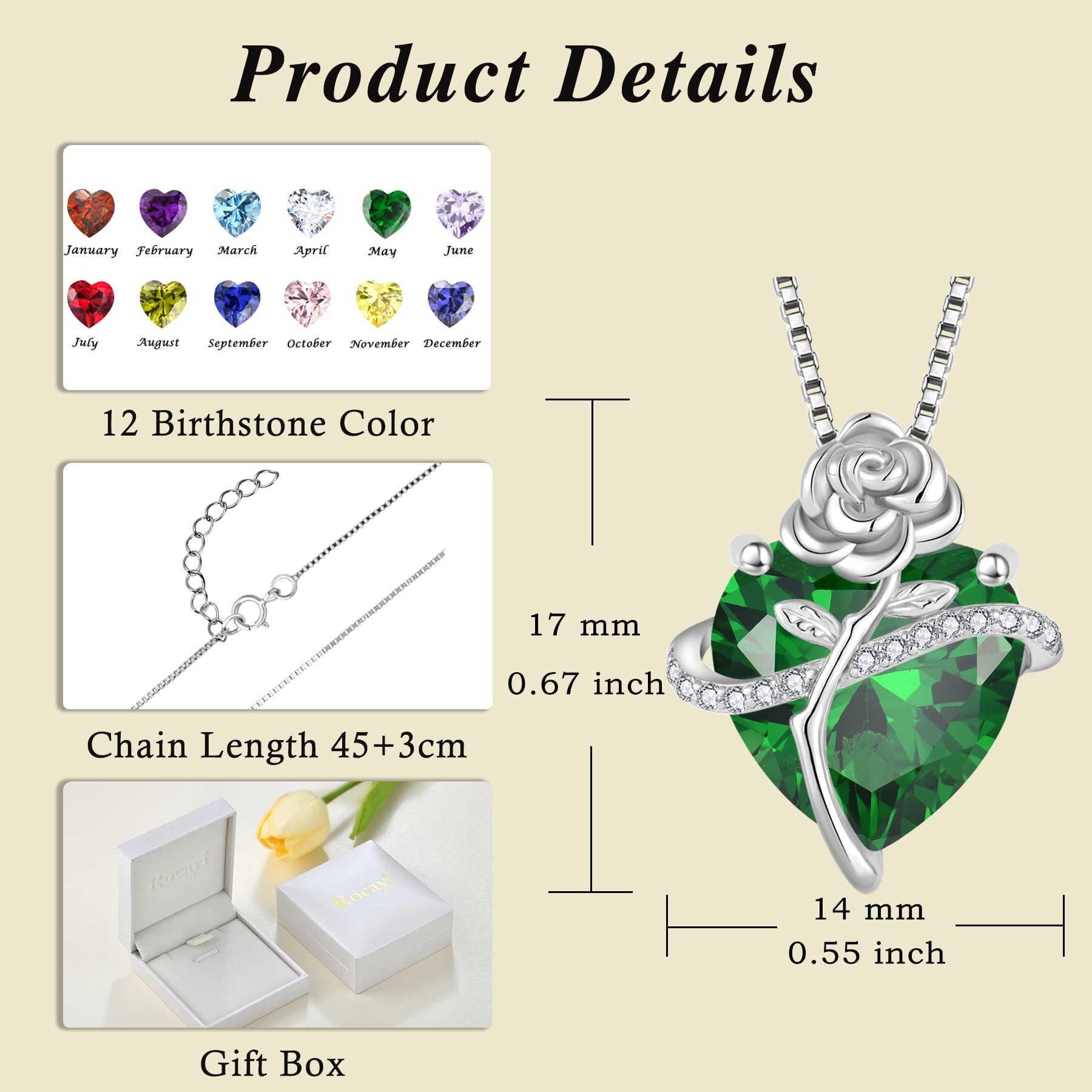 Rocayi Emerald Necklace May Birthstone Necklace for Women 925 Sterling Silver Love Heart Rose Flower Necklace Dainty Jewelry for Women