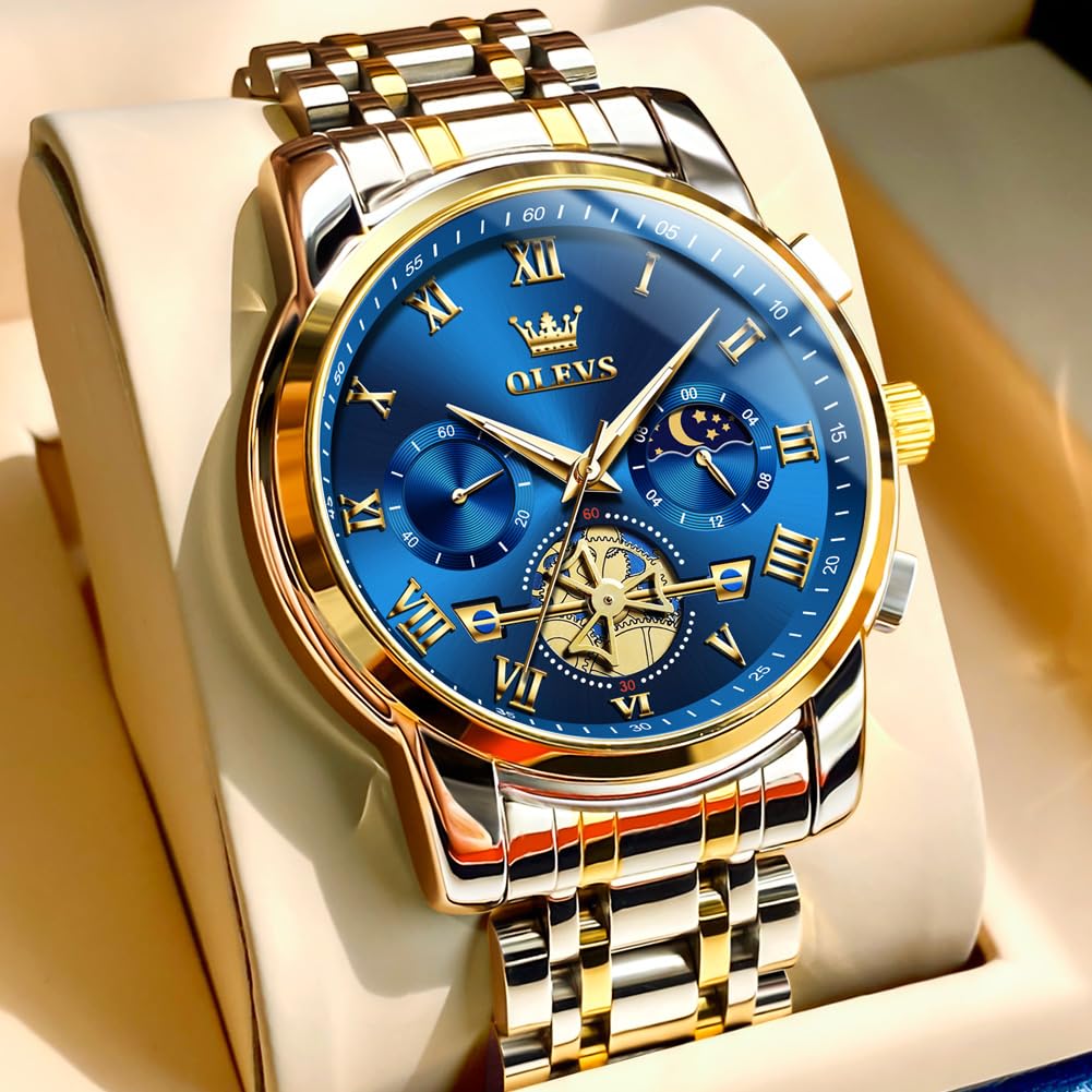 OLEVS Watch Men Original Watches for Mens Luxury Dress Business Fashion Waterproof Watch Water Resistant Roman Numbers Chronograph Stainless Steel Metal Adjustable Large Blue Faces Casual Analog Watches