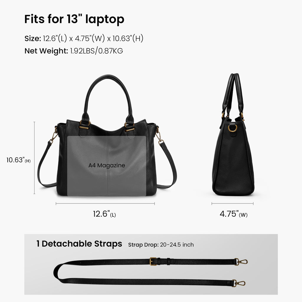 befen Black Soft Real Leather MediumTote Bag for Women, Womens Leather Purses Handbags Crossbody Bags Top Handles Satchel Purse with RFID Card Slots