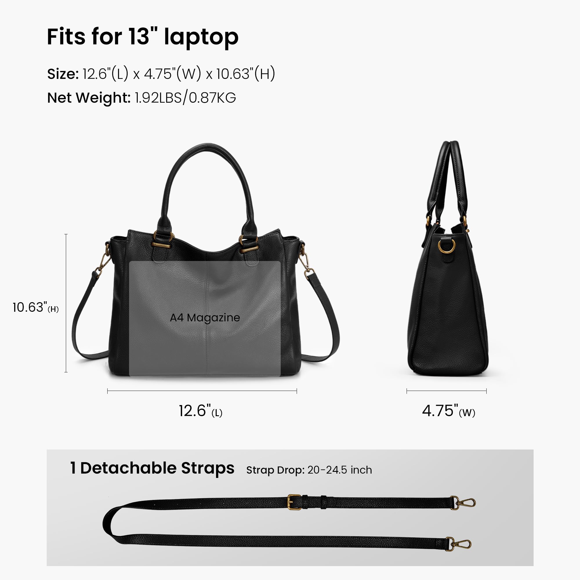 befen Black Soft Real Leather MediumTote Bag for Women, Womens Leather Purses Handbags Crossbody Bags Top Handles Satchel Purse with RFID Card Slots