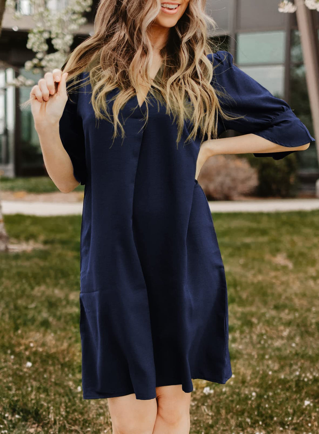 QACOHU Summer Dresses for Womens 2026 V-Neck Short Sleeve Breathable Soft Skin-Friendly Comfortable Tunic Dress Blue L