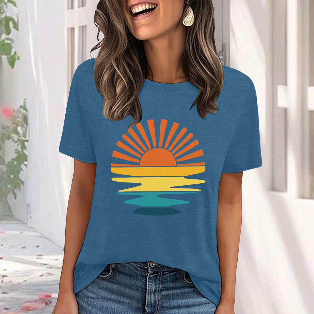 LOOKFACE Women Crewneck Cute Graphic Short Sleeve T Shirts Heather Indigo X-Large