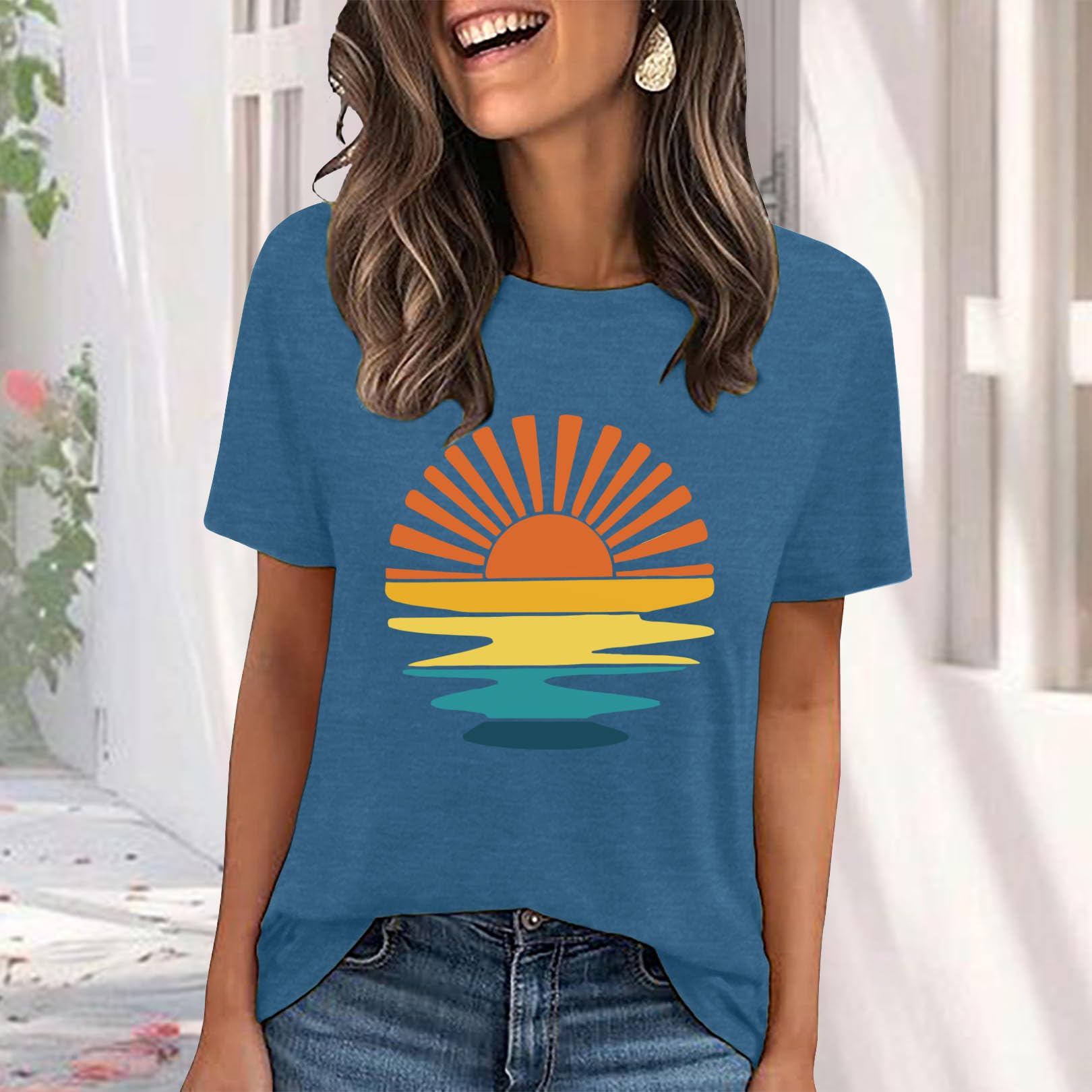 LOOKFACE Women Crewneck Cute Graphic Short Sleeve T Shirts Heather Indigo X-Large