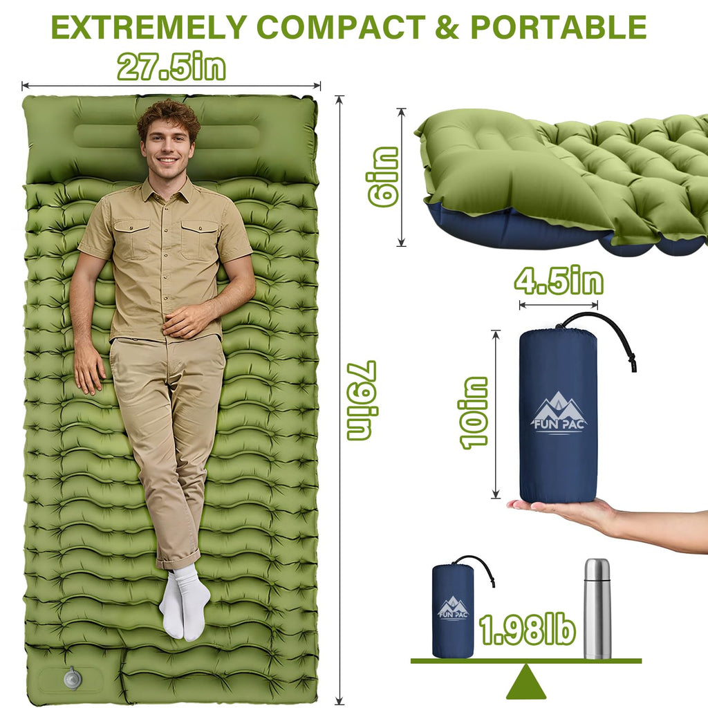 FUN PAC Camping Sleeping Pad, Ultralight Camping Mat with Pillow, Built-in Foot Pump Inflatable Sleeping Pads Compact for Camping Backpacking Hiking Traveling Tent,Single,Green