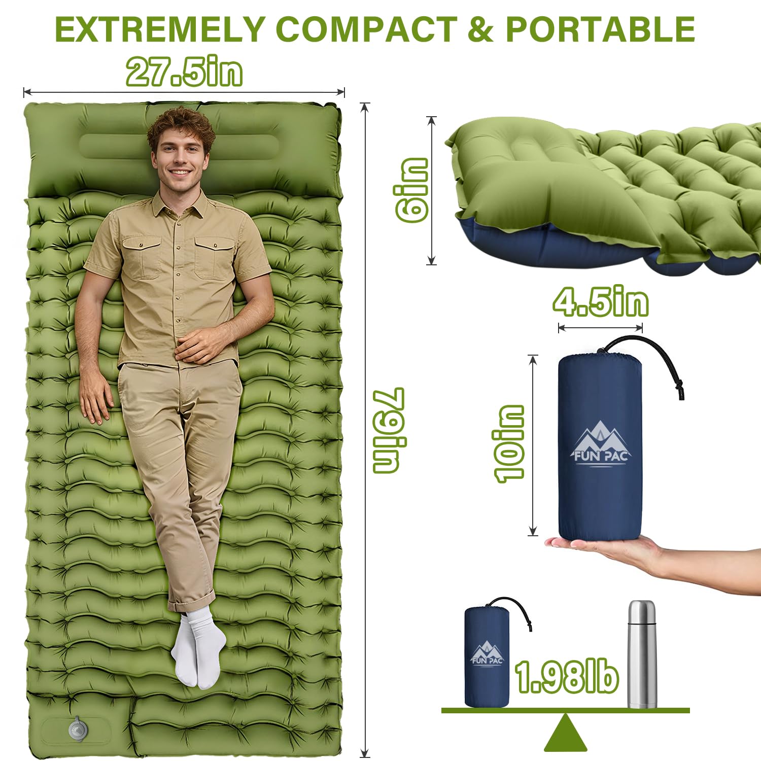 FUN PAC Camping Sleeping Pad, Ultralight Camping Mat with Pillow, Built-in Foot Pump Inflatable Sleeping Pads Compact for Camping Backpacking Hiking Traveling Tent,Single,Green