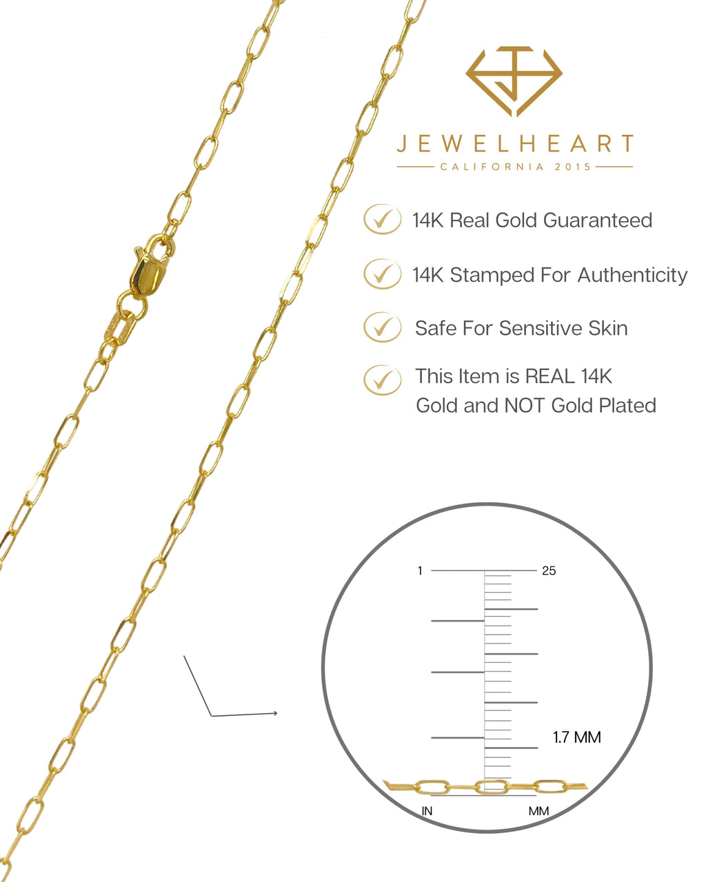 JEWELHEART 14K Solid Gold Cable Chain - 1.7mm Diamond Cut Yellow Gold Thin Paperclip Link Choker Chain Necklace For Women - Dainty Real Gold Pendant Necklace with Lobster Clasp 14"