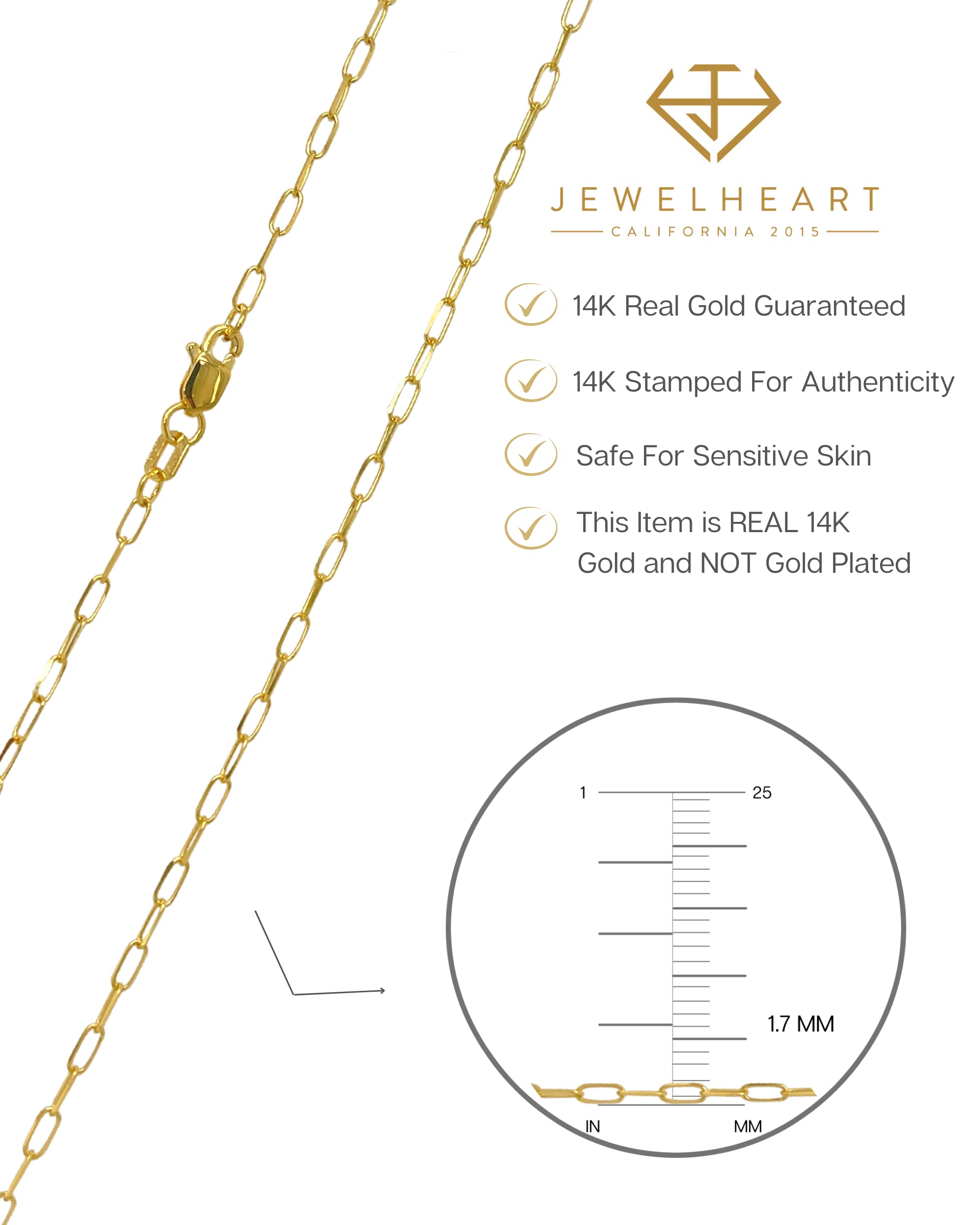 JEWELHEART 14K Solid Gold Cable Chain - 1.7mm Diamond Cut Yellow Gold Thin Paperclip Link Choker Chain Necklace For Women - Dainty Real Gold Pendant Necklace with Lobster Clasp 14"