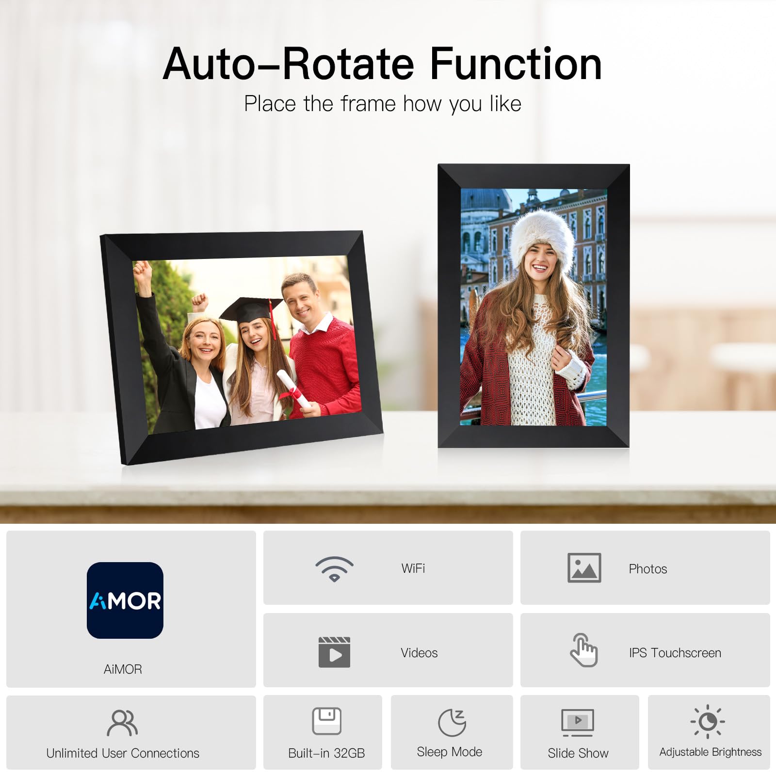 Anna Bella Digital Picture Frame 10.1 Inch IPS HD Touch Screen WiFi Smart Digital Photo Frame with 32GB Storage, Auto-Rotate, Easy Setup to Share Photos or Videos Remotely via AiMOR APP Black