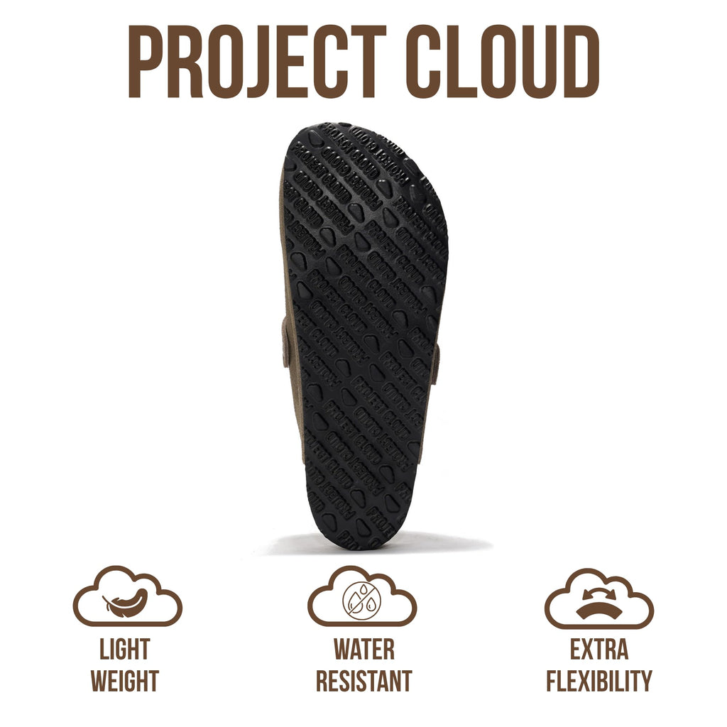 Project Cloud Mens Clogs - 100% Full Grain Genuine Leather Clogs for Men with Memory Foam Insole and Arch Support Natural Cork Footbed - Non Slip Mules Mens Slippers (Brooklyn, TAUPSUEDE, 11)