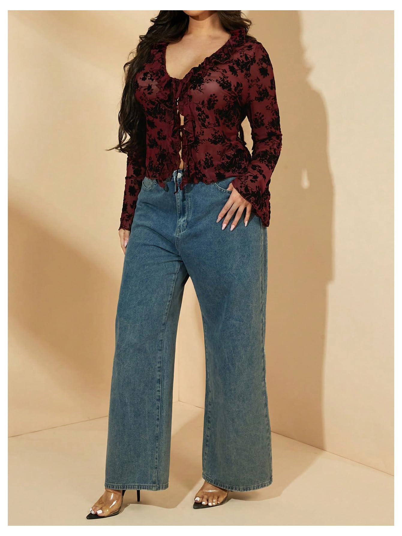 WDIRARA Women's Plus Size Floral Lace Sheer T Shirt Tie Front Long Bell Sleeve Tee Going Out Tops Burgundy X-Large Plus