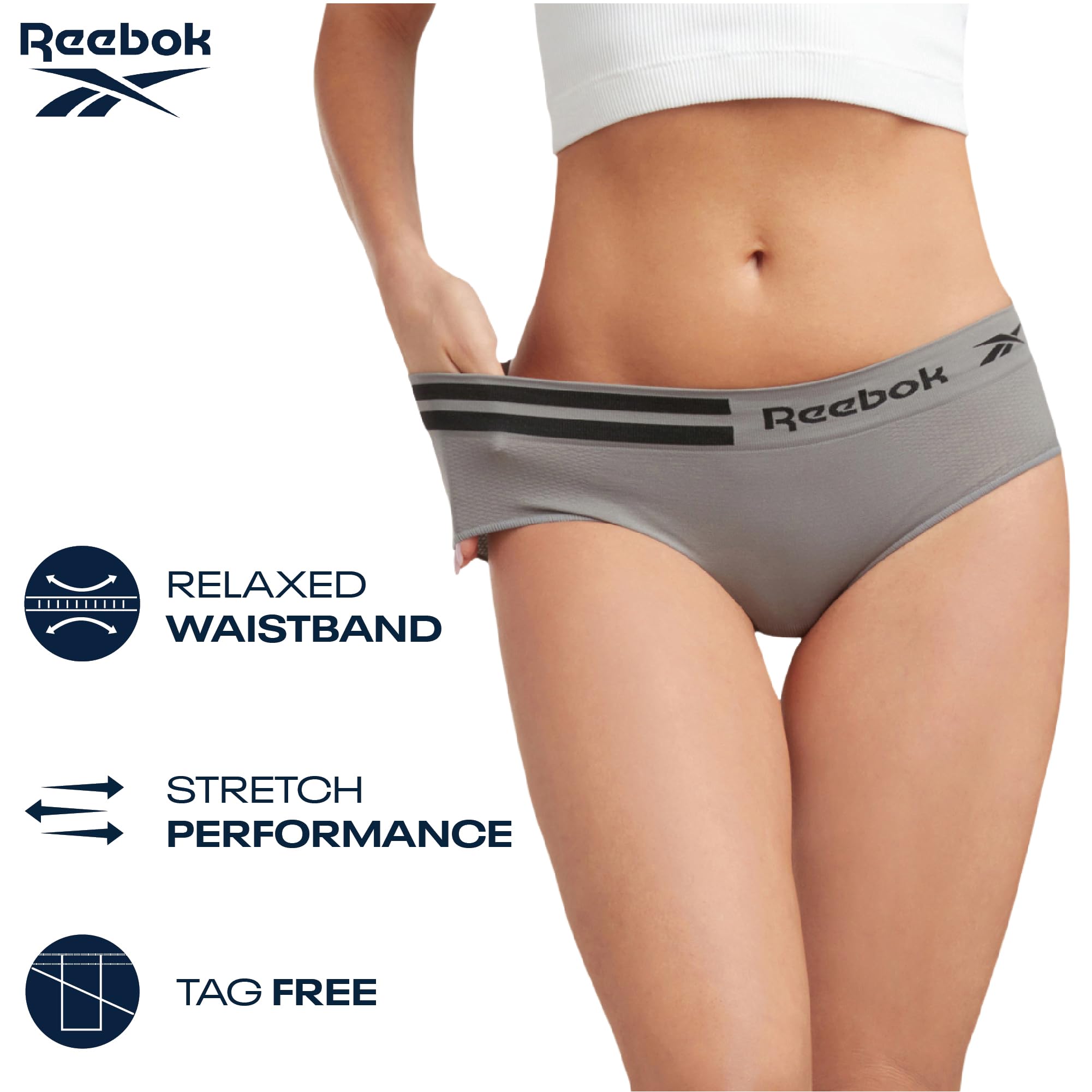 Reebok Hipster Panties for Women - 5 Pack Stretch Performance Seamless Underwear with Relaxed Tag-Free Waistband (S-XL), Size Medium, All Black
