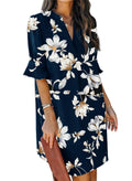 QACOHU Women's Summer Casual Dresses Sundress Ruffle Sleeves Simple V-Neck Shift Dress Blue Flower L
