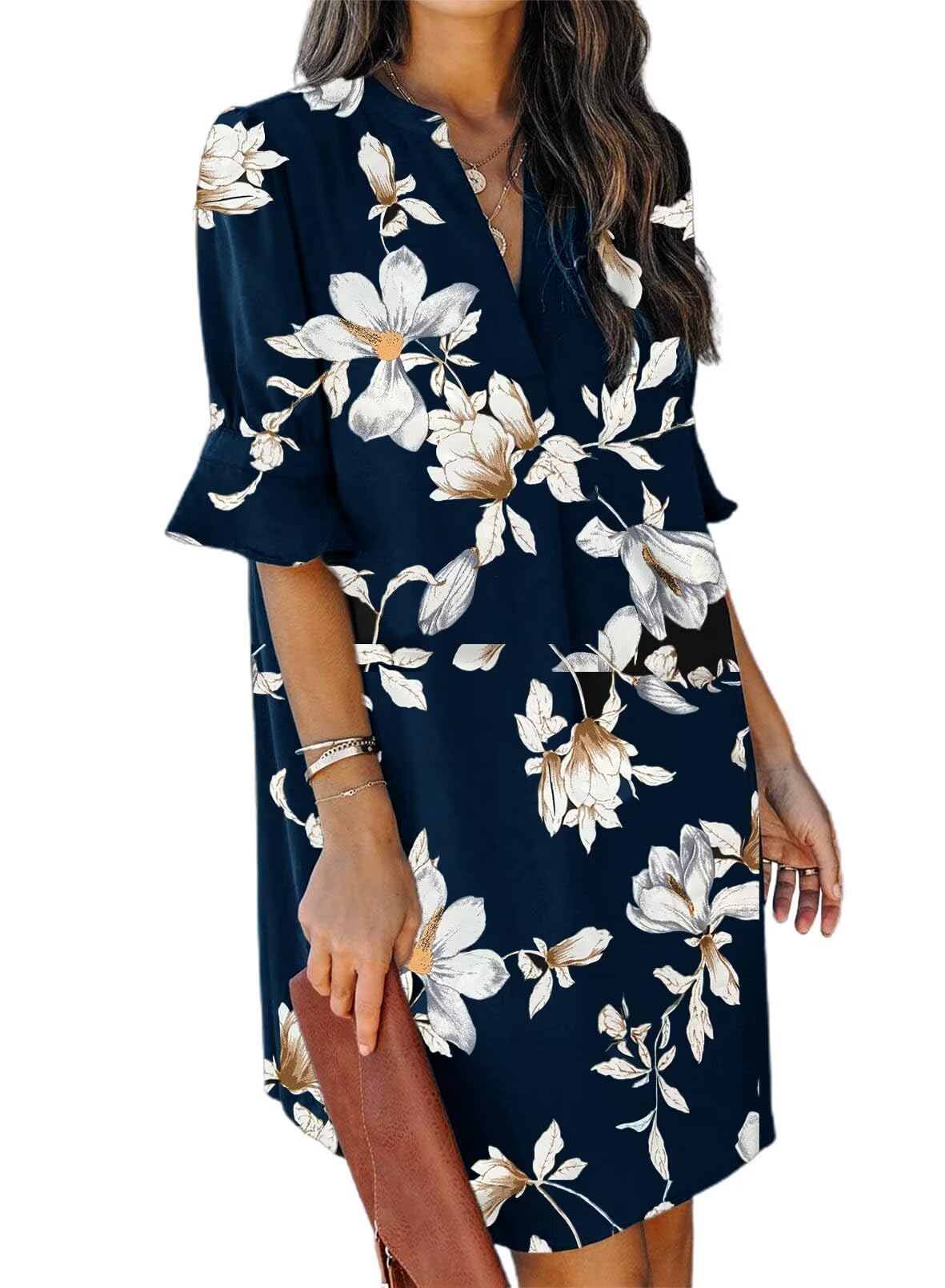 QACOHU Women's Summer Casual Dresses Sundress Ruffle Sleeves Simple V-Neck Shift Dress Blue Flower L
