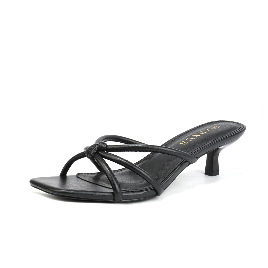 Women's Spaghetti Strap Square Open Toe Kitten Heel High Heel Sandals, Knot Design, Summer Fashion Slippers, Heel Height 1.8~2 inches (Black, Adult, Women, 8, Numeric, US Footwear Size System, Medium)