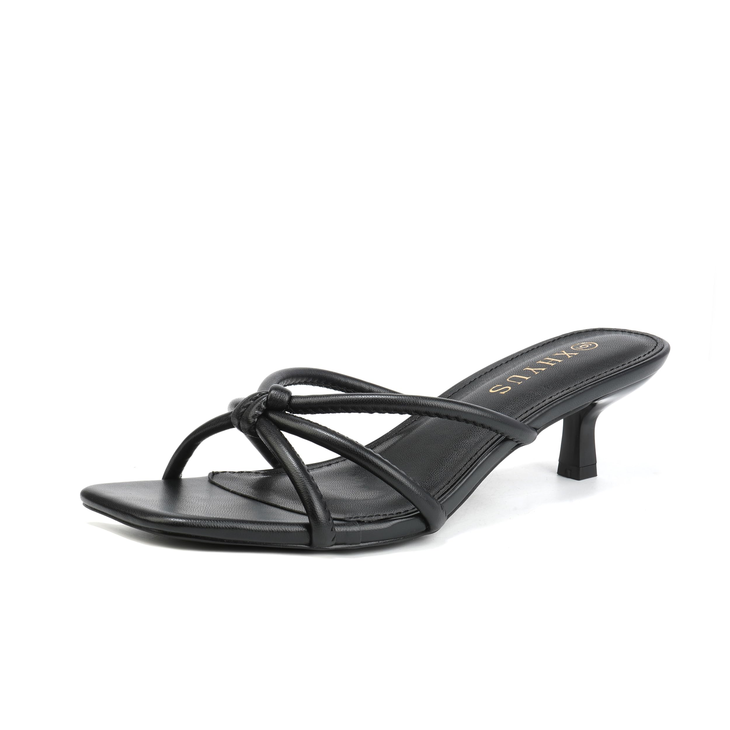Women's Spaghetti Strap Square Open Toe Kitten Heel High Heel Sandals, Knot Design, Summer Fashion Slippers, Heel Height 1.8~2 inches (Black, Adult, Women, 8, Numeric, US Footwear Size System, Medium)