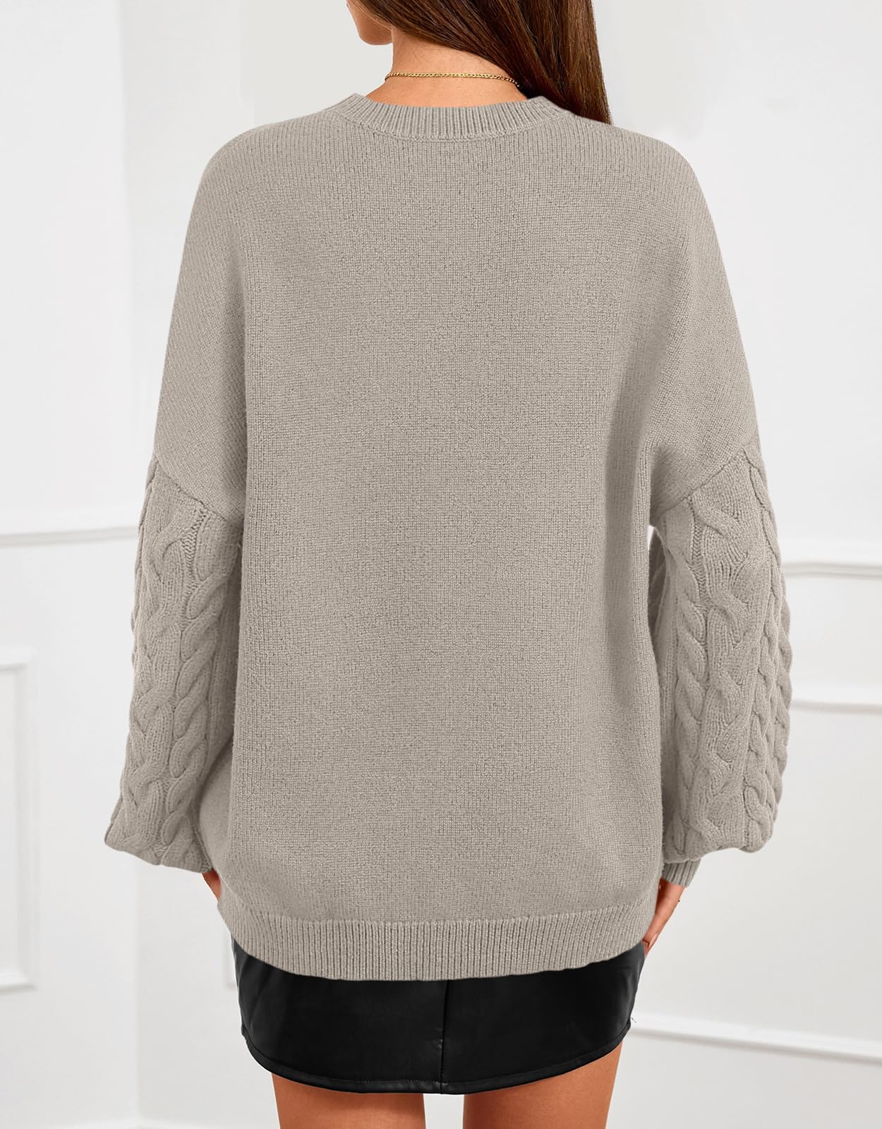 PRETTYGARDEN Women Long Sleeve Pullover Sweaters Soft Loose Fit Crew Neck Chunky Cable Knit Sweater Women Fall Outfits (Grey Apricot, Medium)