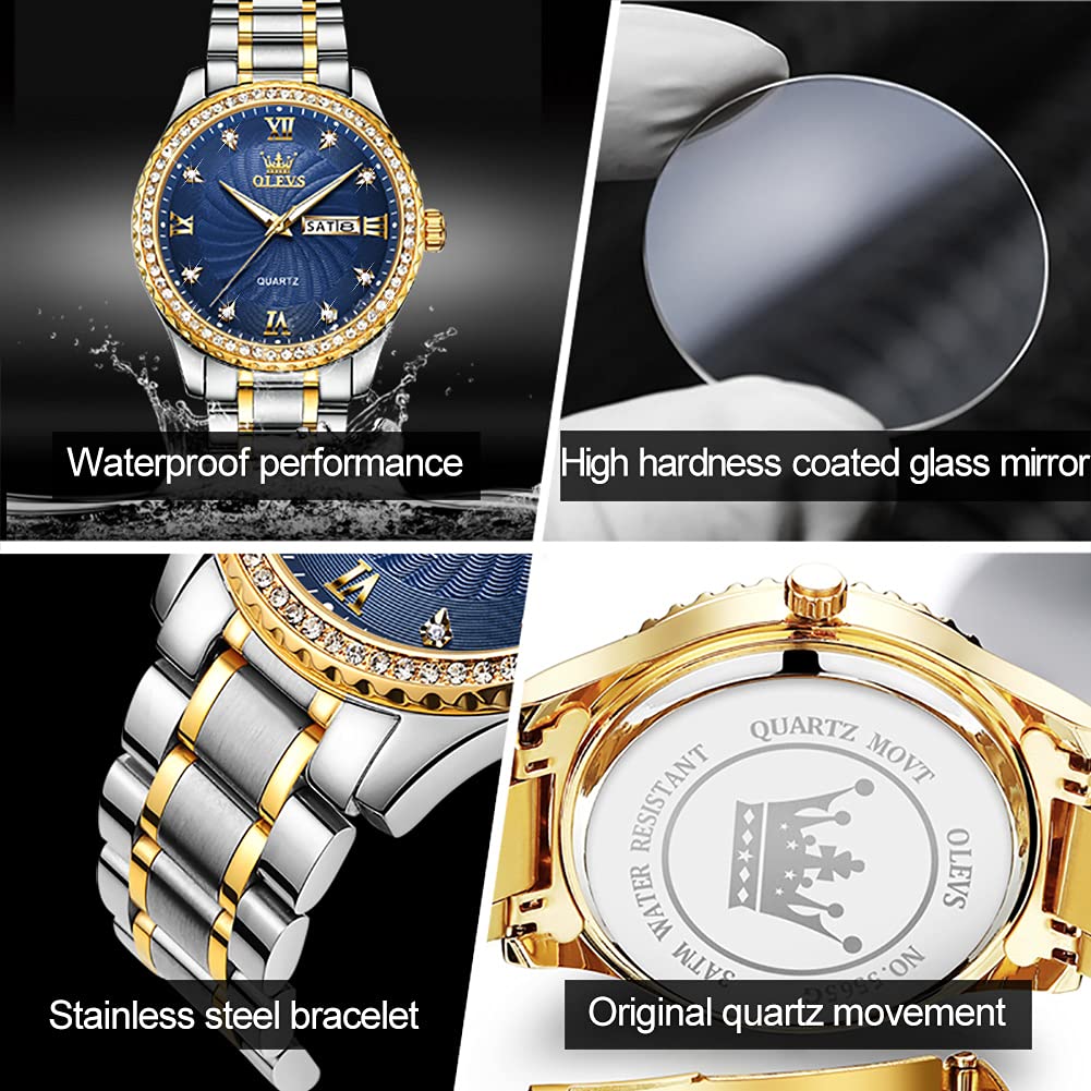 OLEVS Mens Watch Blue Business Diamond Waterproof Watches for Men Casual Dress Stainless Steel Two Tone Male Wrist Watch