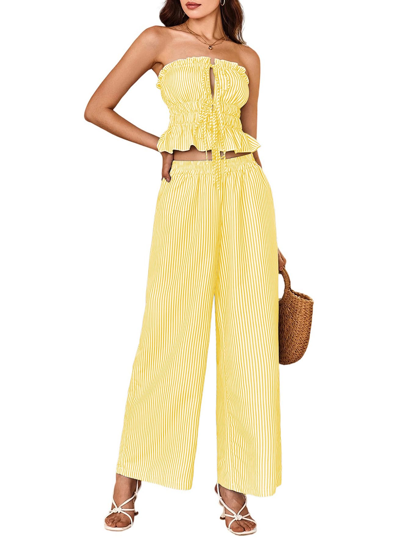 WDIRARA Women's Striped 2 Piece Pants Set Strapless Tie Bandeau Wide Leg Pants Outfits Yellow White Small