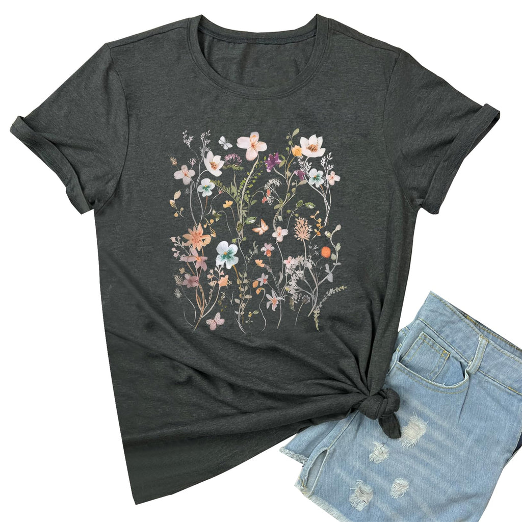 BLACKOO Women Graphic Tee Casual Floral T Shirts Dark Grey X-Large