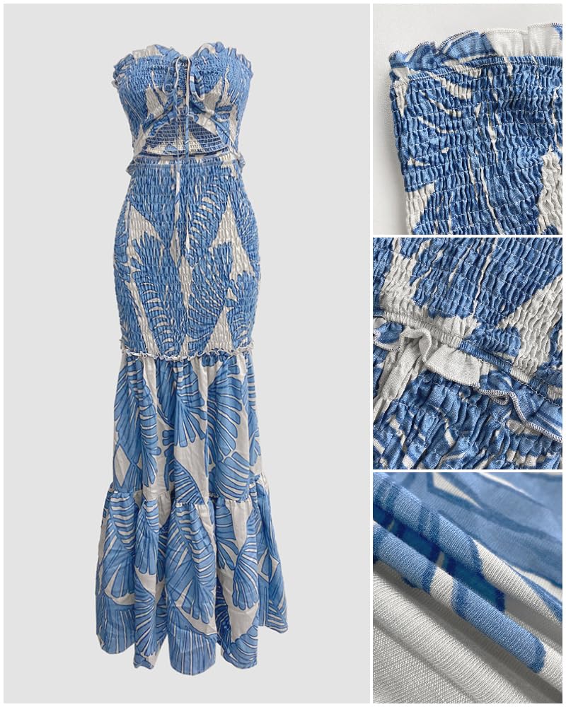 CHICME Floral Printed Prom Dress Drawstring Ruched Shirred Bandeau Party Dress Slim Fit Ruffle Hem Wedding Guest Dresses Blue-S