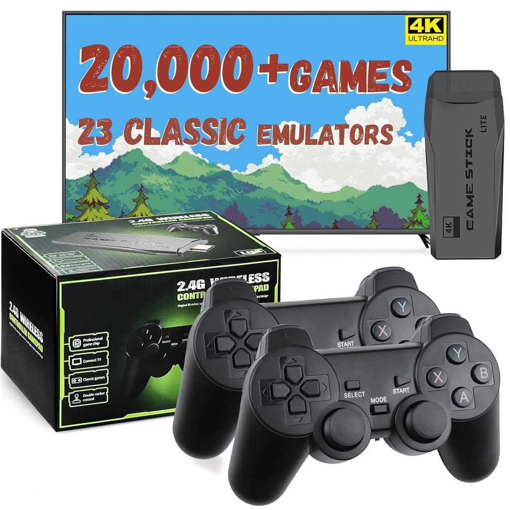 New Retro Gaming Console & Game Stick Pro - 20,000+ Classic Video Games, 23 Emulators, Dual Wireless Controllers, 4K HDMI Output, Plug & Play, Compatible with TV, PC, Projector, 64GB
