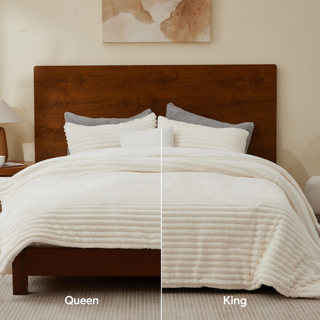 BEDELITE Fleece Queen Comforter Set -Super Soft & Warm Fluffy Cream White Bedding, Luxury Fuzzy Heavy Bed Set for Winter with 2 Pillow Cases