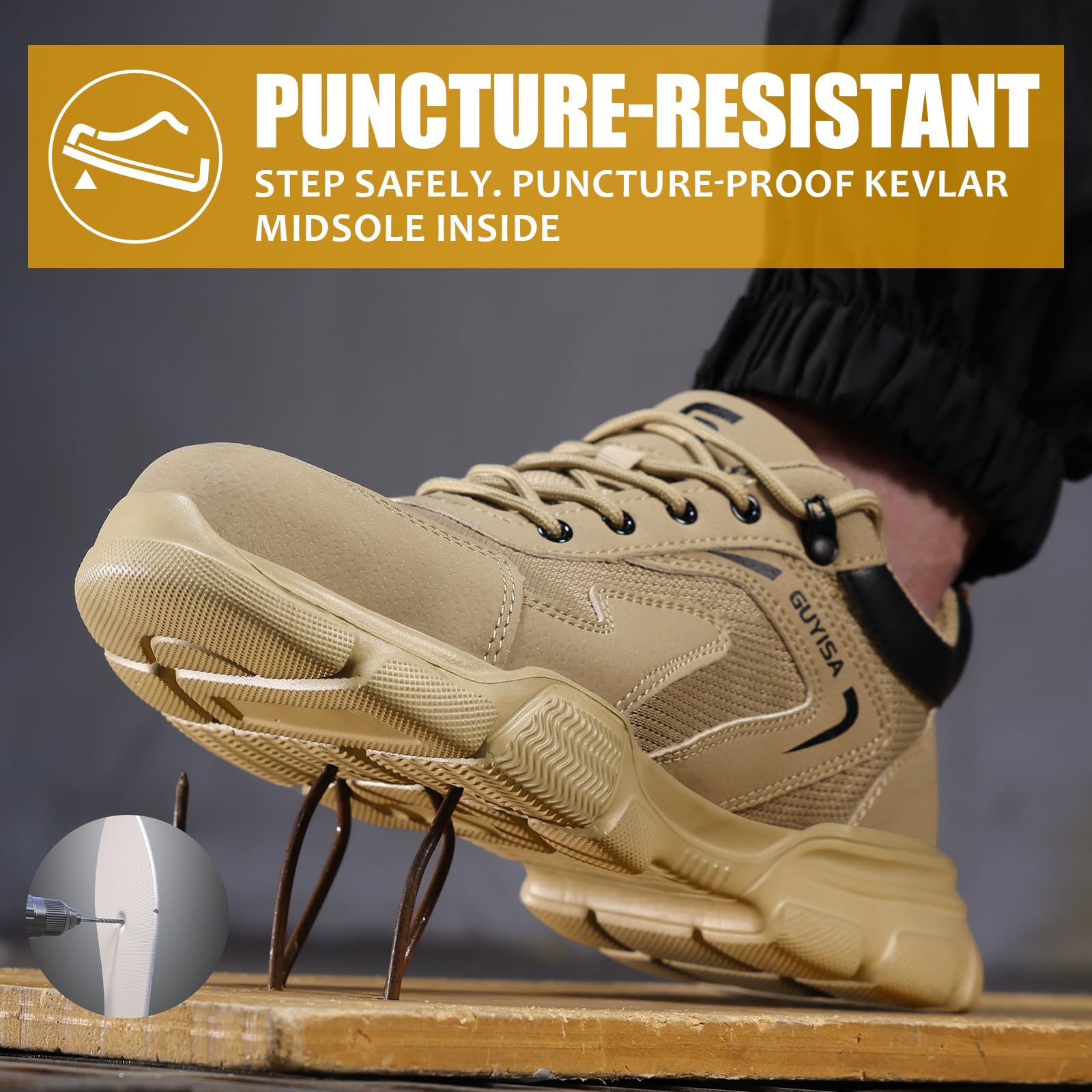Gsutenmre Steel Toe Shoes for Men Lightweight Work Shoes Men Puncture Resistant Safety Footwear Industrial Shoe Comfortable for Construction Warehouse Jobs Khaki