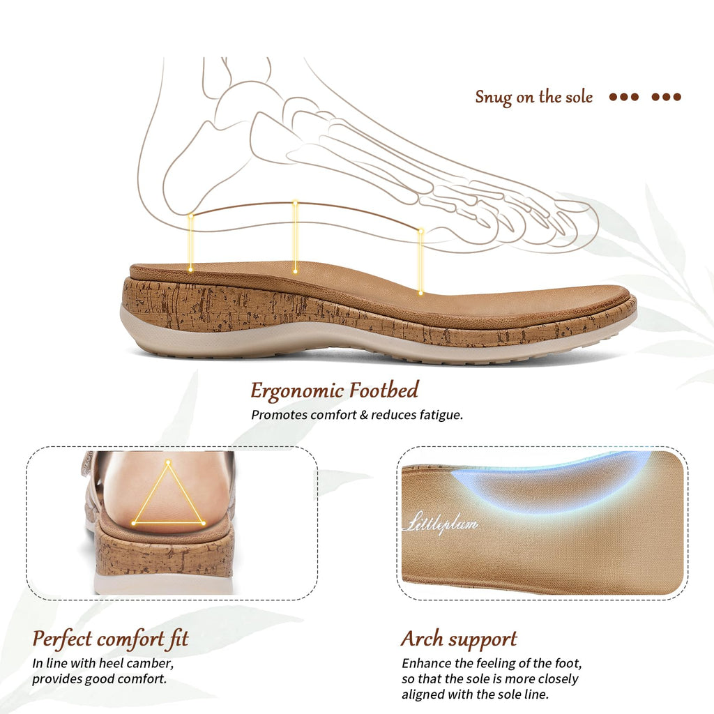 Littleplum Women Slides Sandals Arch Support Open Toe Walking Comfy Low Wedge Slides Adjustable Summer Shoes for Beach,Travel Apricot Size 9