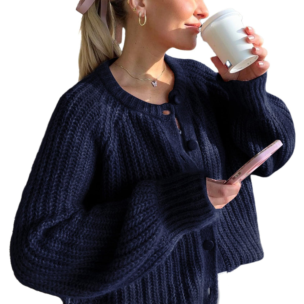 Wyeysyt Womens Cardigan Sweater Button Down Long Sleeve Chunky Soft Knit Sweater Fall Open Front Loose Casual Cardigan Coat(Navy-S)
