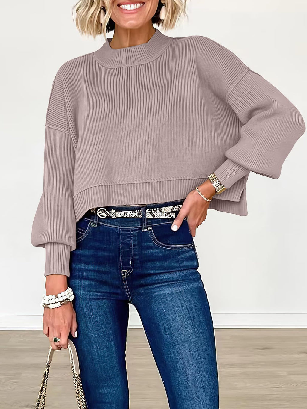 ANRABESS Womens Cropped Sweaters Oversized Crewneck Long Batwing Sleeve Side Slit Ribbed Knit Pullover Tops 2025 Fall Clothes Medium