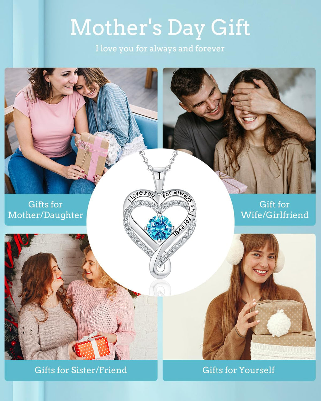 Necklaces for Women S925 Infinity Heart Turquoise Birthstone Jewelry for Women Wife Birthday Gift Ideas Anniversary Romantic Love Jewelry Girlfriend Mom Daughter Granddaughters December