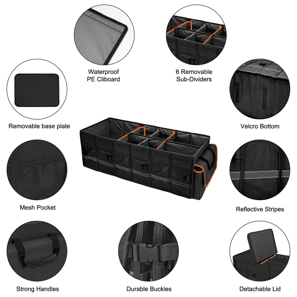 Car Trunk Organizer and Storage with Lid & Removable Leakproof Cooler Bag, Car Accessories 6 Removable Dividers for Custom Space, Collapsible Large Trunk Organizers Interior for SUV Sendan with Cover