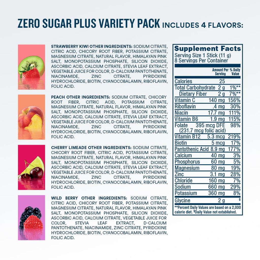 DripDrop Zero Sugar Plus - Sugar Free Hydration Packets - Single Serve Electrolytes Powder Drink Mix - Strawberry Kiwi, Peach, Cherry Limeade, Wild Berry - Non-GMO, Gluten Free, Vegan - 8 Sticks