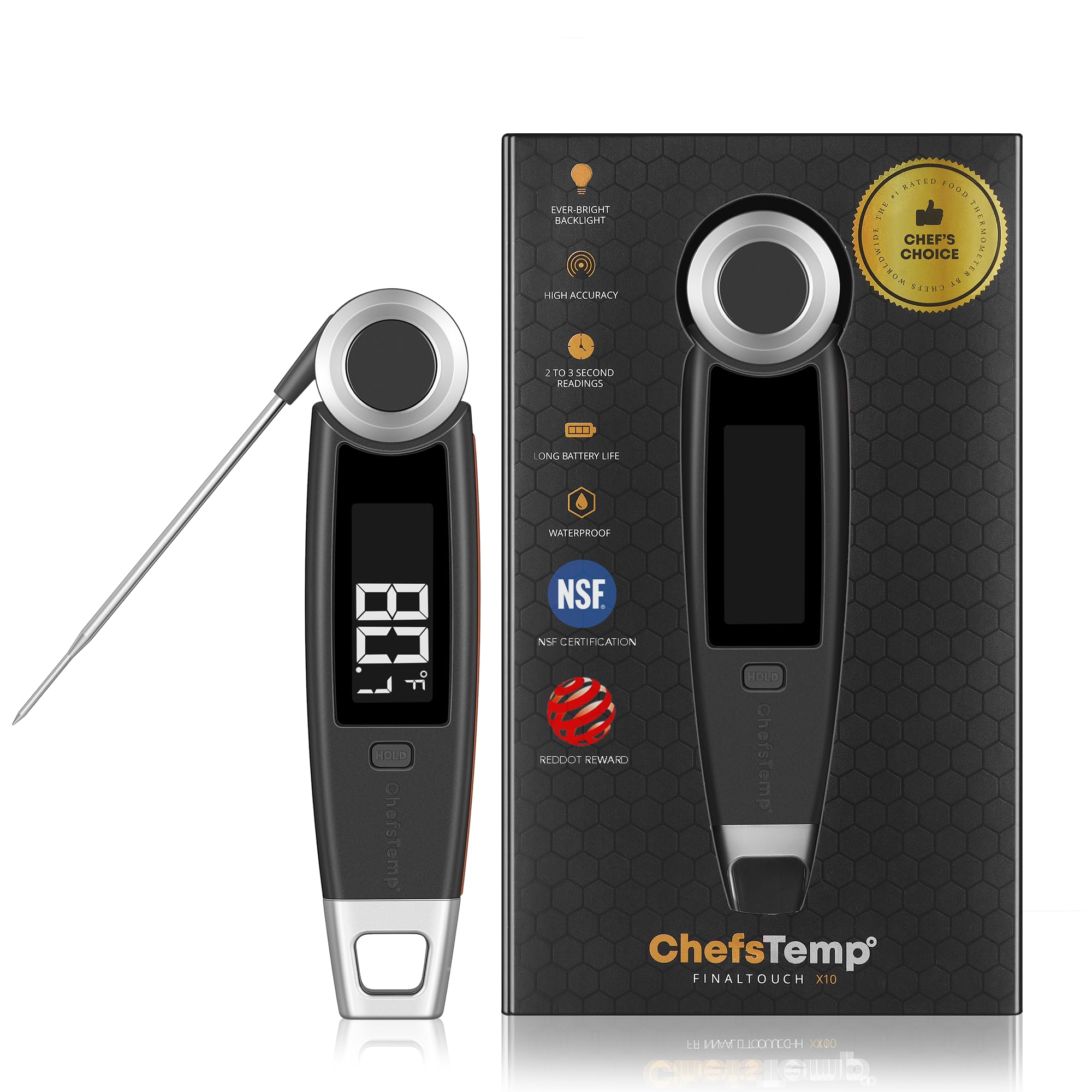 Finaltouch X10 Instant Read Digital Meat Thermometer NSF Certified Waterproof Professional for Cooking Grilling BBQ Baking Candy Oil with Rotating Probe and Backlit Display (Charcoal Gray)