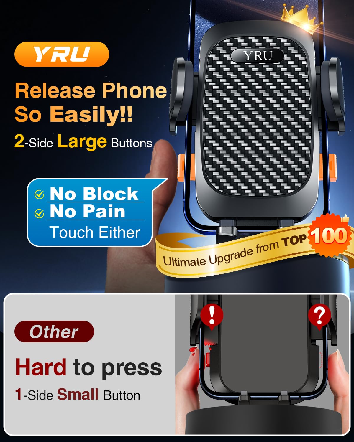 YRU True Military-Grade [360° Rotation Suction] 2026 Ultimate Car Phone Holder Mount 【90+LBS Safest Strongest & Patent Certs】 Dashboard Windshield Vent for iPhone 17 16 Pro Max Samsung, Gloss Black