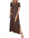ANRABESS Womens Summer Casual Maxi Dress Short Sleeve Crewneck Split Wrinkle-Free Travel Long Sundress Beach Vacation Clothes Brown X-Large