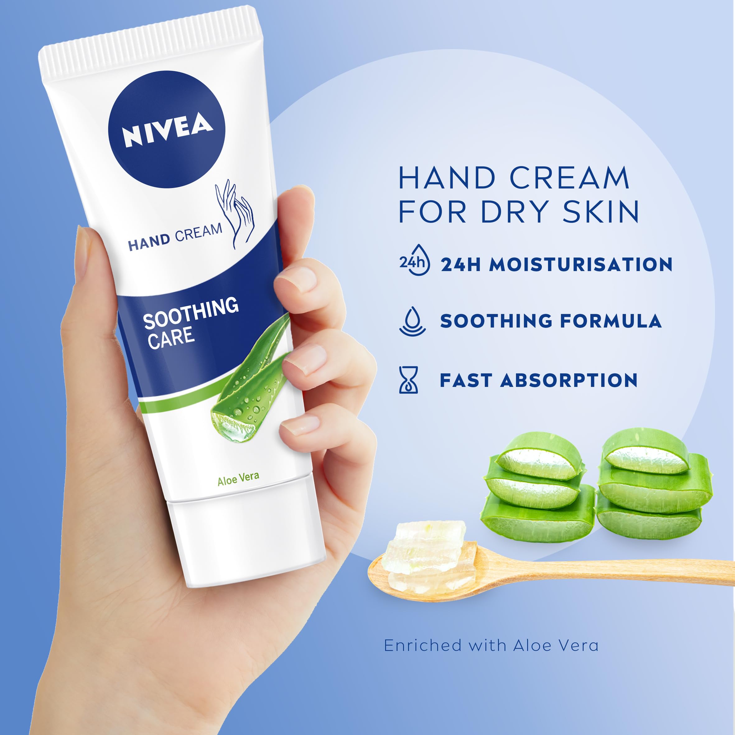 NIVEA Soothing Care Aloe Vera Hand Cream (75ml), 24H Moisturising Hand Cream for Dry Cracked Hands, Non-Greasy, Fast-Absorbing Formula Soothes Skin