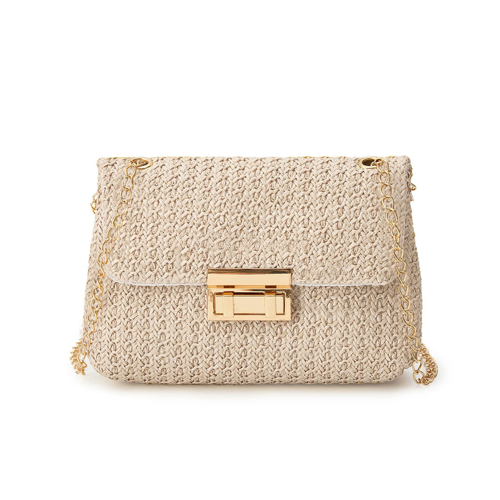 EONTISO Woven Straw Purse Summer Clutch, Gold Chain, Flap with Turn-Lock Closure (White)